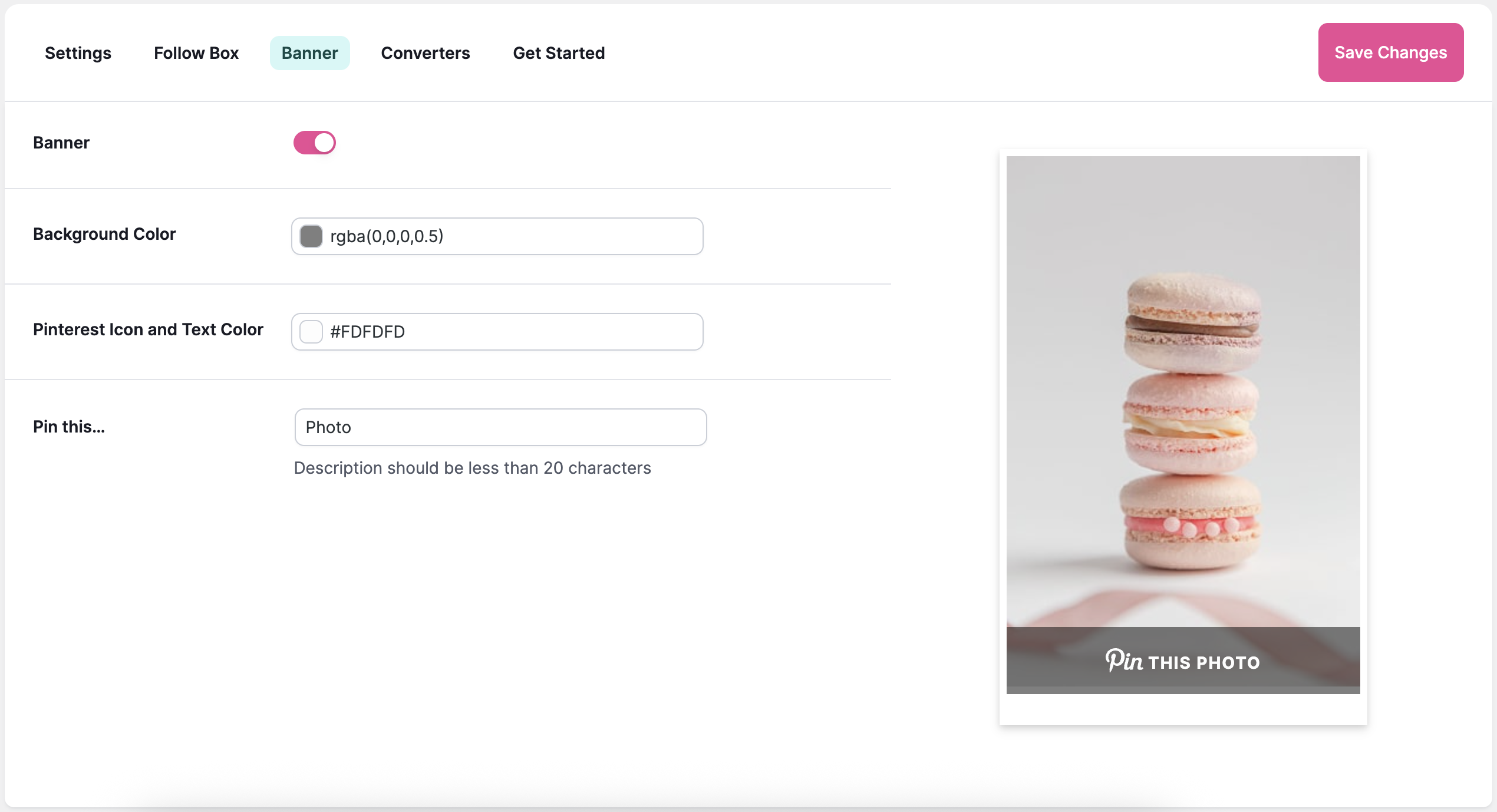 Tasty Pins Pinterest banner settings
